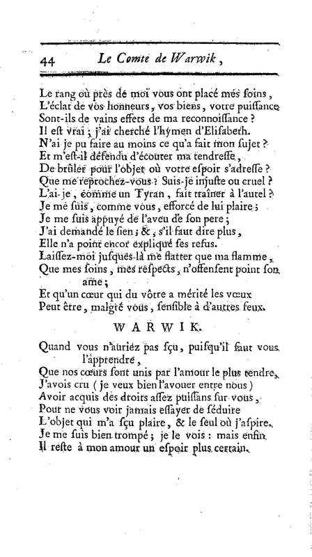 Comte de Warwik [sic] (Le), tragédie par M. de La Harpe, représentée pour la première fois par les Comédiens françois ordinaires du Roi, le 7 novembre 1763
