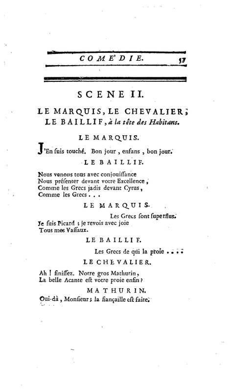 Droit du Seigneur (Le),comédie en vers par M. de Voltaire. Représentée pour la première fois, sous le titre de L'Écueil du sage, par les Comédiens françois ordinaires du Roi, le 18 janvier 1762,