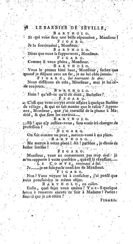 Barbier de Séville, ou la Précaution inutile (Le), comédie en quatre actes, par M. de Beaumarchais, représentée sur le théâtre de la Comédie Française le 23 février 1775 (avec une Lettre modérée sur la chute et la critique du Barbier de Séville)