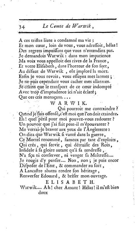 Comte de Warwik [sic] (Le), tragédie par M. de La Harpe, représentée pour la première fois par les Comédiens françois ordinaires du Roi, le 7 novembre 1763