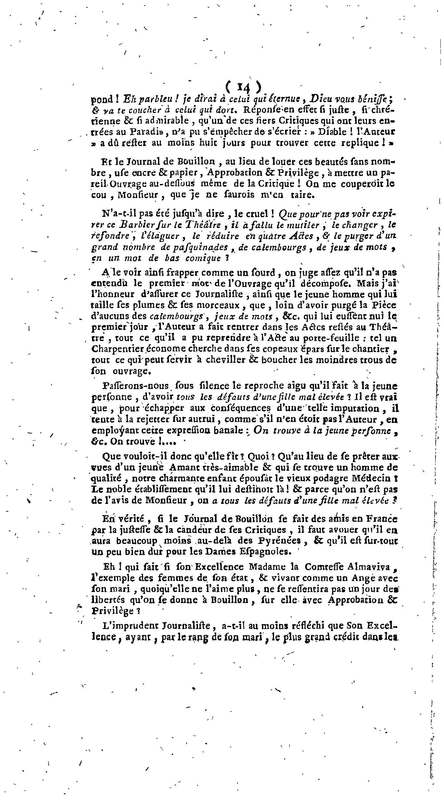 Barbier de Séville, ou la Précaution inutile (Le), comédie en quatre actes, par M. de Beaumarchais, représentée sur le théâtre de la Comédie Française le 23 février 1775 (avec une Lettre modérée sur la chute et la critique du Barbier de Séville)