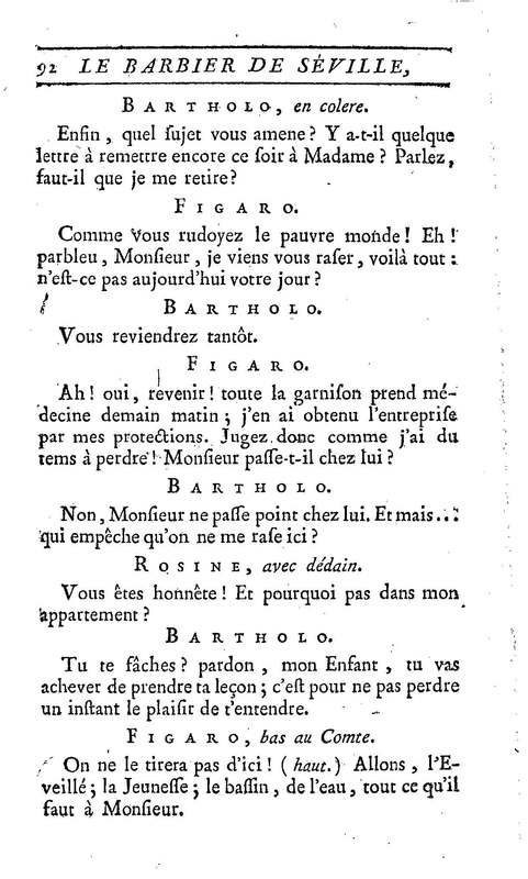 Barbier de Séville, ou la Précaution inutile (Le), comédie en quatre actes, par M. de Beaumarchais, représentée sur le théâtre de la Comédie Française le 23 février 1775 (avec une Lettre modérée sur la chute et la critique du Barbier de Séville)