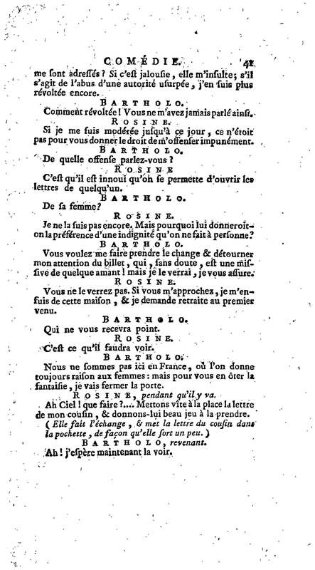 Barbier de Séville, ou la Précaution inutile (Le), comédie en quatre actes, par M. de Beaumarchais, représentée sur le théâtre de la Comédie Française le 23 février 1775 (avec une Lettre modérée sur la chute et la critique du Barbier de Séville)