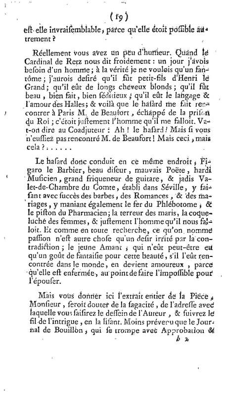 Barbier de Séville, ou la Précaution inutile (Le ), comédie en quatre actes, par M. de Beaumarchais, représentée sur le théâtre de la Comédie Française le 23 février 1775 (avec une Lettre modérée sur la chute et la critique du Barbier de Séville)