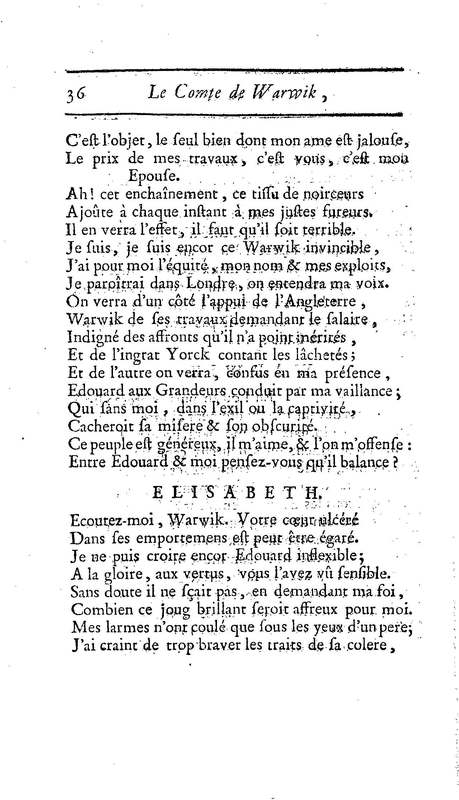 Comte de Warwik [sic] (Le), tragédie par M. de La Harpe, représentée pour la première fois par les Comédiens françois ordinaires du Roi, le 7 novembre 1763