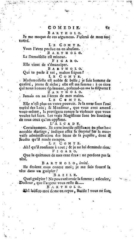 Barbier de Séville, ou la Précaution inutile (Le), comédie en quatre actes, par M. de Beaumarchais, représentée sur le théâtre de la Comédie Française le 23 février 1775 (avec une Lettre modérée sur la chute et la critique du Barbier de Séville)