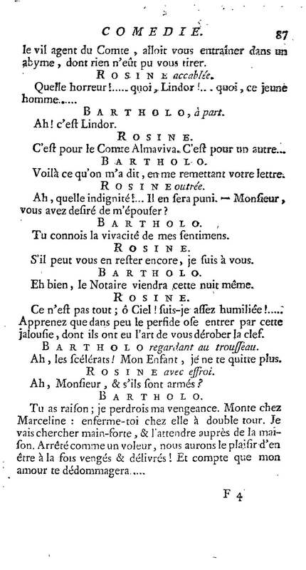 Barbier de Séville, ou la Précaution inutile (Le ), comédie en quatre actes, par M. de Beaumarchais, représentée sur le théâtre de la Comédie Française le 23 février 1775 (avec une Lettre modérée sur la chute et la critique du Barbier de Séville)