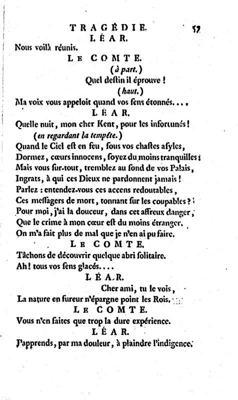 Roi Lear (Le), tragédie en cinq actes, par M. Ducis, représentée à Versailles le 16 janvier 1783 ; et à Paris, le 26 du même mois, par les Comédiens français Roi Lear (Le), tragédie en cinq actes, par M. Ducis, représentée à Versailles le 16 janvier 1783 ; et à Paris, le 26 du même mois, par les Comédiens français