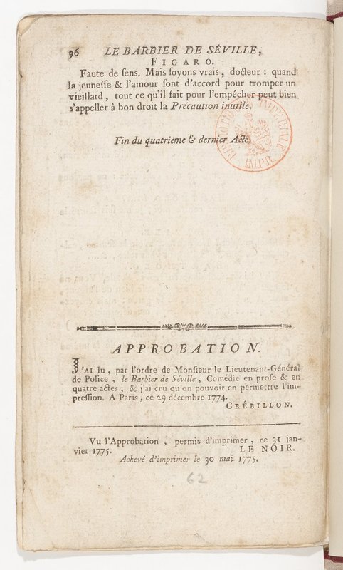 Barbier de Séville, ou la Précaution inutile (Le), comédie en quatre actes, par M. de Beaumarchais, représentée sur le théâtre de la Comédie Française le 23 février 1775 (avec une Lettre modérée sur la chute et la critique du Barbier de Séville) Barbier de Séville, ou la Précaution inutile (Le), comédie en quatre actes, par M. de Beaumarchais, représentée sur le théâtre de la Comédie Française le 23 février 1775 (avec une Lettre modérée sur la chute et la critique du Barbier de Séville)