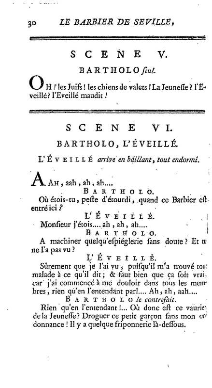 Barbier de Séville, ou la Précaution inutile (Le ), comédie en quatre actes, par M. de Beaumarchais, représentée sur le théâtre de la Comédie Française le 23 février 1775 (avec une Lettre modérée sur la chute et la critique du Barbier de Séville)