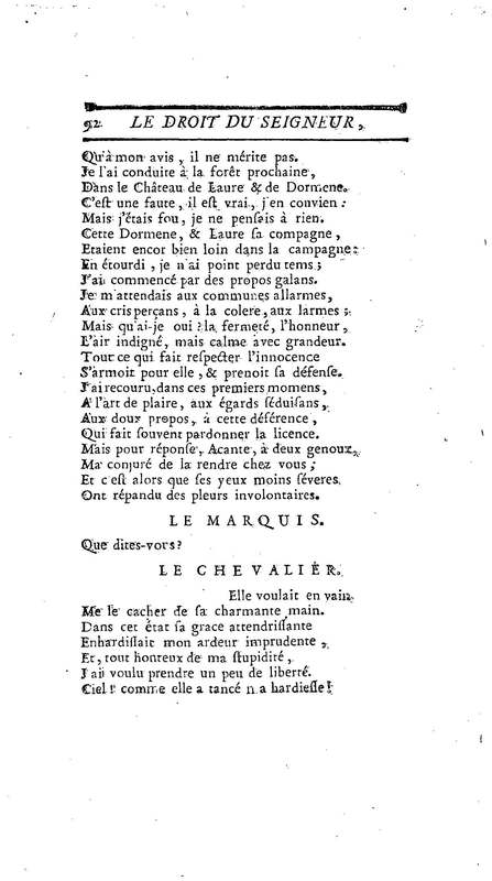 Droit du Seigneur (Le),comédie en vers par M. de Voltaire. Représentée pour la première fois, sous le titre de L'Écueil du sage, par les Comédiens françois ordinaires du Roi, le 18 janvier 1762,