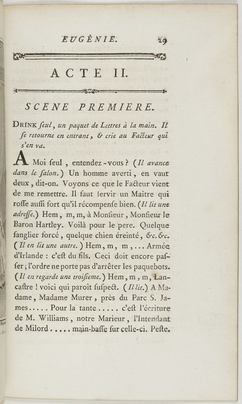 Eugénie, drame en cinq actes en prose, enrichi de figures en taille-douce ; avec un Essai sur le drame sérieux Eugénie, drame en cinq actes en prose, enrichi de figures en taille-douce ; avec un Essai sur le drame sérieux