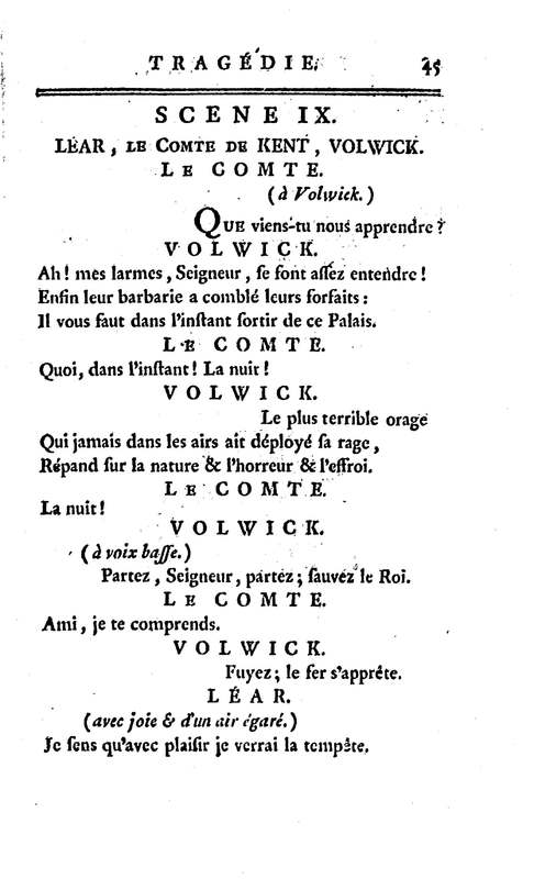 Roi Lear (Le), tragédie en cinq actes, par M. Ducis, représentée à Versailles le 16 janvier 1783 ; et à Paris, le 26 du même mois, par les Comédiens français