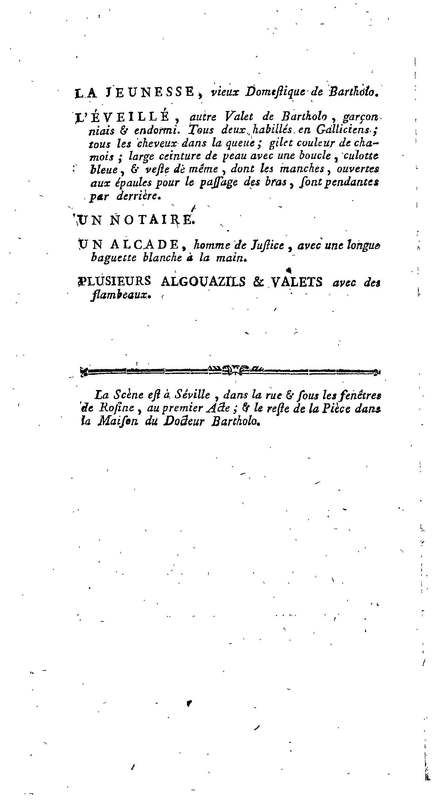 Barbier de Séville, ou la Précaution inutile (Le), comédie en quatre actes, par M. de Beaumarchais, représentée sur le théâtre de la Comédie Française le 23 février 1775 (avec une Lettre modérée sur la chute et la critique du Barbier de Séville)