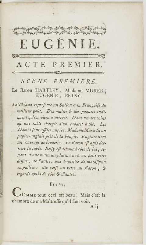 Eugénie, drame en cinq actes en prose, enrichi de figures en taille-douce ; avec un Essai sur le drame sérieux Eugénie, drame en cinq actes en prose, enrichi de figures en taille-douce ; avec un Essai sur le drame sérieux