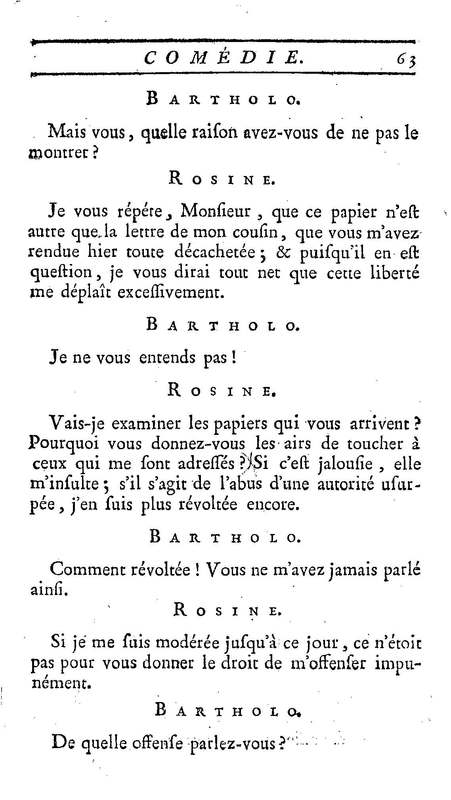 Barbier de Séville, ou la Précaution inutile (Le), comédie en quatre actes, par M. de Beaumarchais, représentée sur le théâtre de la Comédie Française le 23 février 1775 (avec une Lettre modérée sur la chute et la critique du Barbier de Séville)