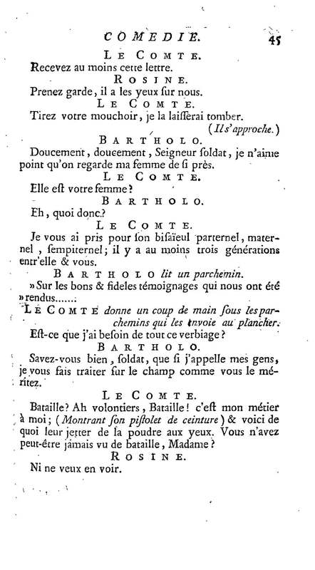 Barbier de Séville, ou la Précaution inutile (Le ), comédie en quatre actes, par M. de Beaumarchais, représentée sur le théâtre de la Comédie Française le 23 février 1775 (avec une Lettre modérée sur la chute et la critique du Barbier de Séville)