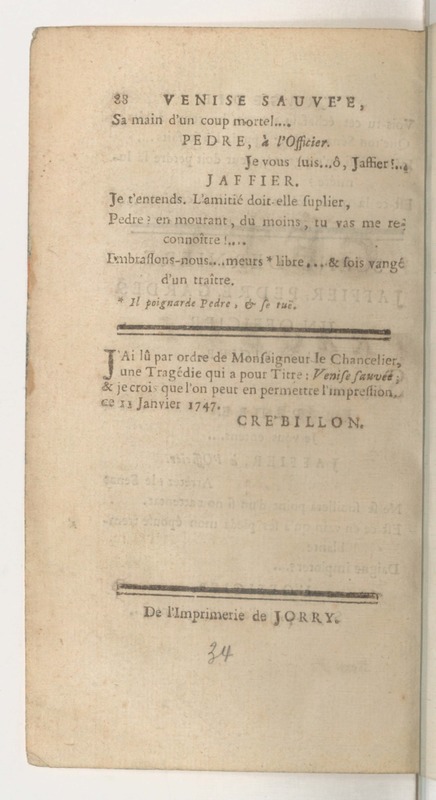Venise sauvée, tragedie. Représentée par les Comédiens françois, le 5 décembre 1746… [Seconde édition]