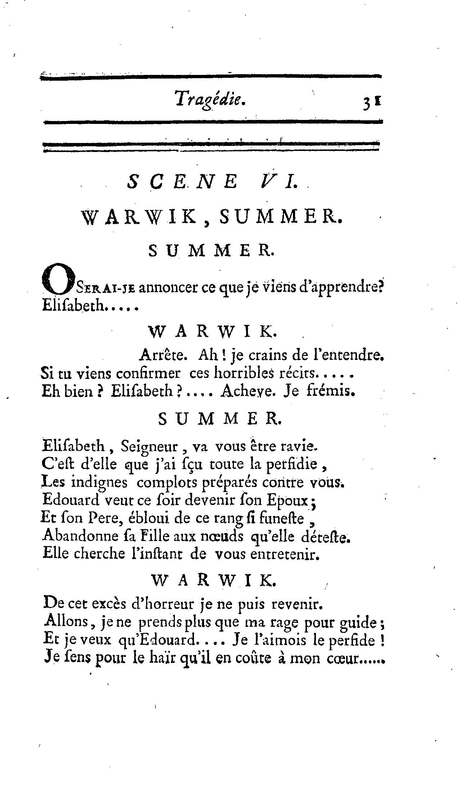 Comte de Warwik [sic] (Le), tragédie par M. de La Harpe, représentée pour la première fois par les Comédiens françois ordinaires du Roi, le 7 novembre 1763