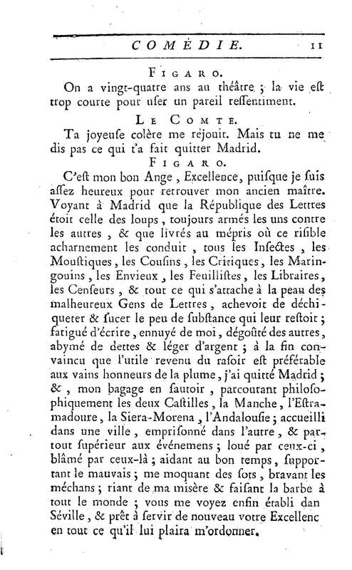 Barbier de Séville, ou la Précaution inutile (Le), comédie en quatre actes, par M. de Beaumarchais, représentée sur le théâtre de la Comédie Française le 23 février 1775 (avec une Lettre modérée sur la chute et la critique du Barbier de Séville)