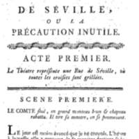 Barbier de Séville, ou la Précaution inutile (Le ), comédie en quatre actes, par M. de Beaumarchais, représentée sur le théâtre de la Comédie Française le 23 février 1775 (avec une Lettre modérée sur la chute et la critique du Barbier de Séville)