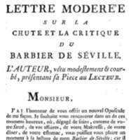 Barbier de Séville, ou la Précaution inutile (Le ), comédie en quatre actes, par M. de Beaumarchais, représentée sur le théâtre de la Comédie Française le 23 février 1775 (avec une Lettre modérée sur la chute et la critique du Barbier de Séville)