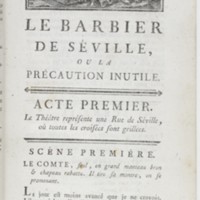 Barbier de Séville, ou la Précaution inutile (Le), comédie en quatre actes ; par M. de Beaumarchais ; représentée & tombée sur le théâtre de la Comédie Françoise aux Tuileries, le 23 de février 1775