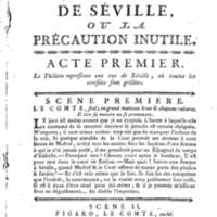 Barbier de Séville, ou la Précaution inutile (Le), comédie en quatre actes, par M. de Beaumarchais, représentée sur le théâtre de la Comédie Française le 23 février 1775 (avec une Lettre modérée sur la chute et la critique du Barbier de Séville)