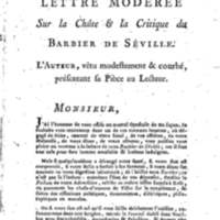 Barbier de Séville, ou la Précaution inutile (Le), comédie en quatre actes, par M. de Beaumarchais, représentée sur le théâtre de la Comédie Française le 23 février 1775 (avec une Lettre modérée sur la chute et la critique du Barbier de Séville)