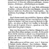 Barbier de Séville, ou la Précaution inutile (Le ), comédie en quatre actes, par M. de Beaumarchais, représentée sur le théâtre de la Comédie Française le 23 février 1775 (avec une Lettre modérée sur la chute et la critique du Barbier de Séville)