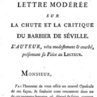 Barbier de Séville, ou la Précaution inutile (Le), comédie en quatre actes, par M. de Beaumarchais, représentée sur le théâtre de la Comédie Française le 23 février 1775 (avec une Lettre modérée sur la chute et la critique du Barbier de Séville)