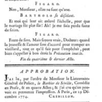 Barbier de Séville, ou la Précaution inutile (Le), comédie en quatre actes, par M. de Beaumarchais, représentée sur le théâtre de la Comédie Française le 23 février 1775 (avec une Lettre modérée sur la chute et la critique du Barbier de Séville)