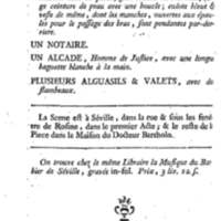 Barbier de Séville, ou la Précaution inutile (Le ), comédie en quatre actes, par M. de Beaumarchais, représentée sur le théâtre de la Comédie Française le 23 février 1775 (avec une Lettre modérée sur la chute et la critique du Barbier de Séville)