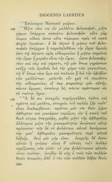 Lettre à Ménécée d'Epicure = DL X, 122-135 - éd. Hicks, 01