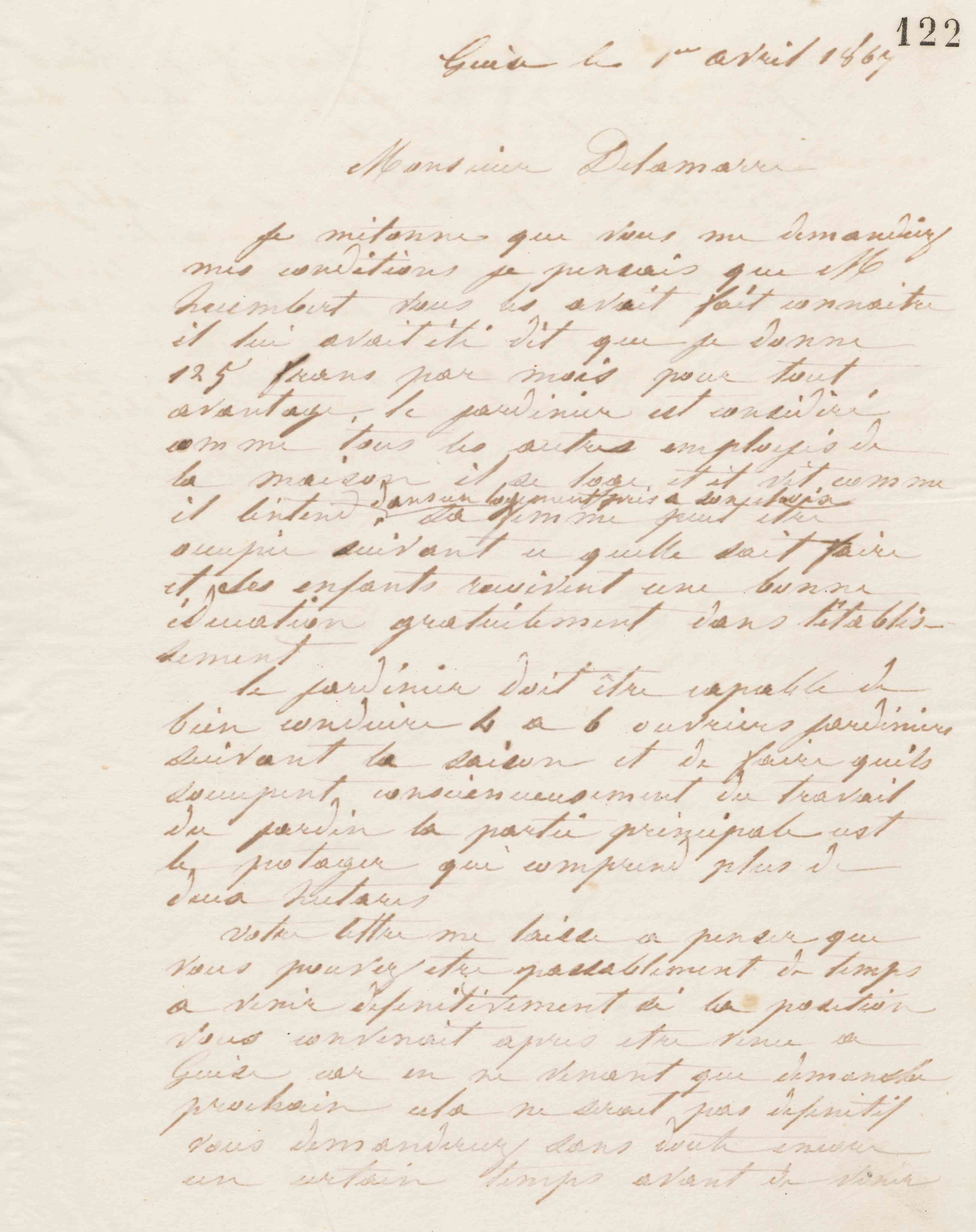 Jean-Baptiste André Godin à Alexandre Delamarre, 1er avril 1867