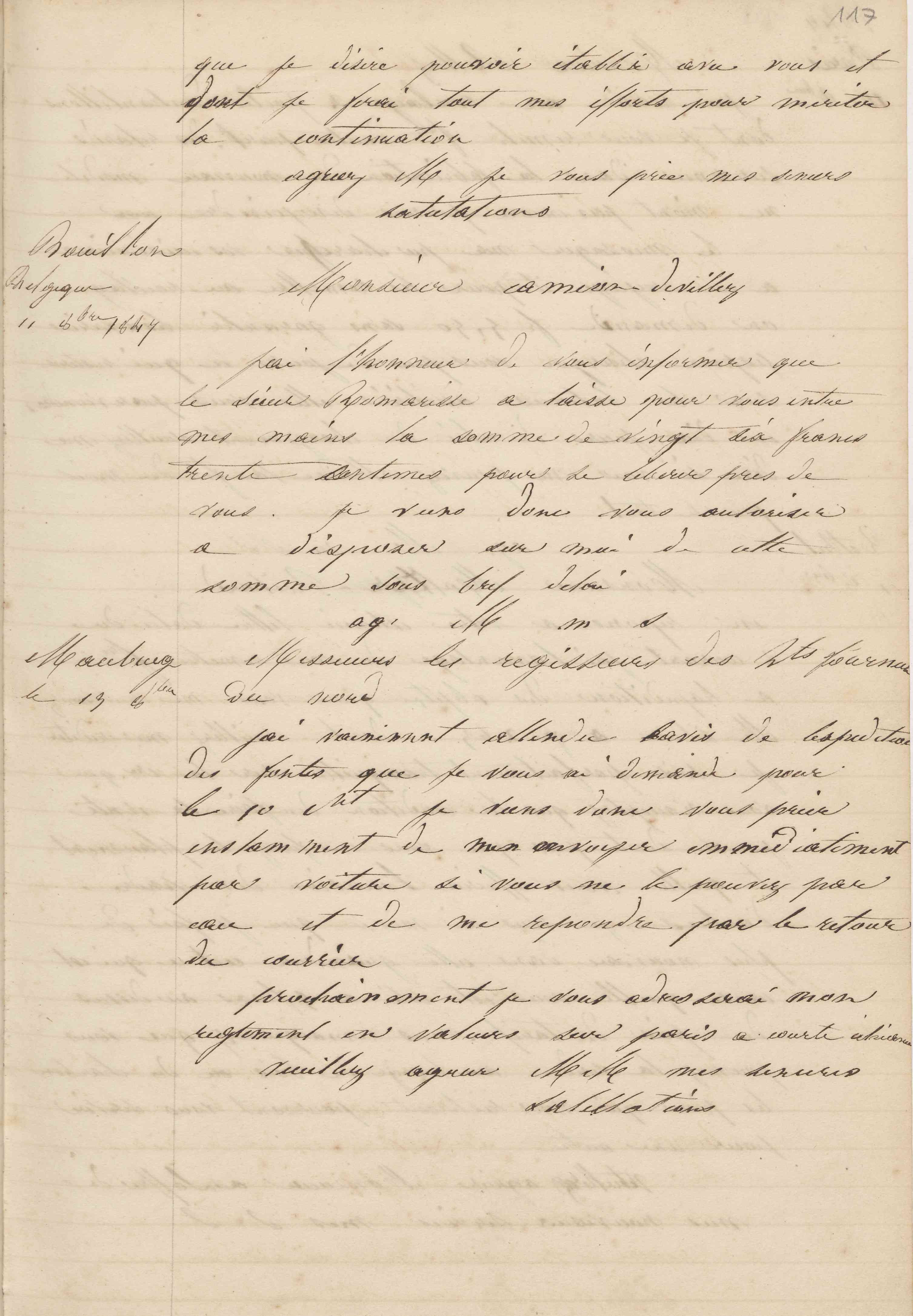 Jean-Baptiste André Godin à monsieur Laignier, 11 octobre 1847
