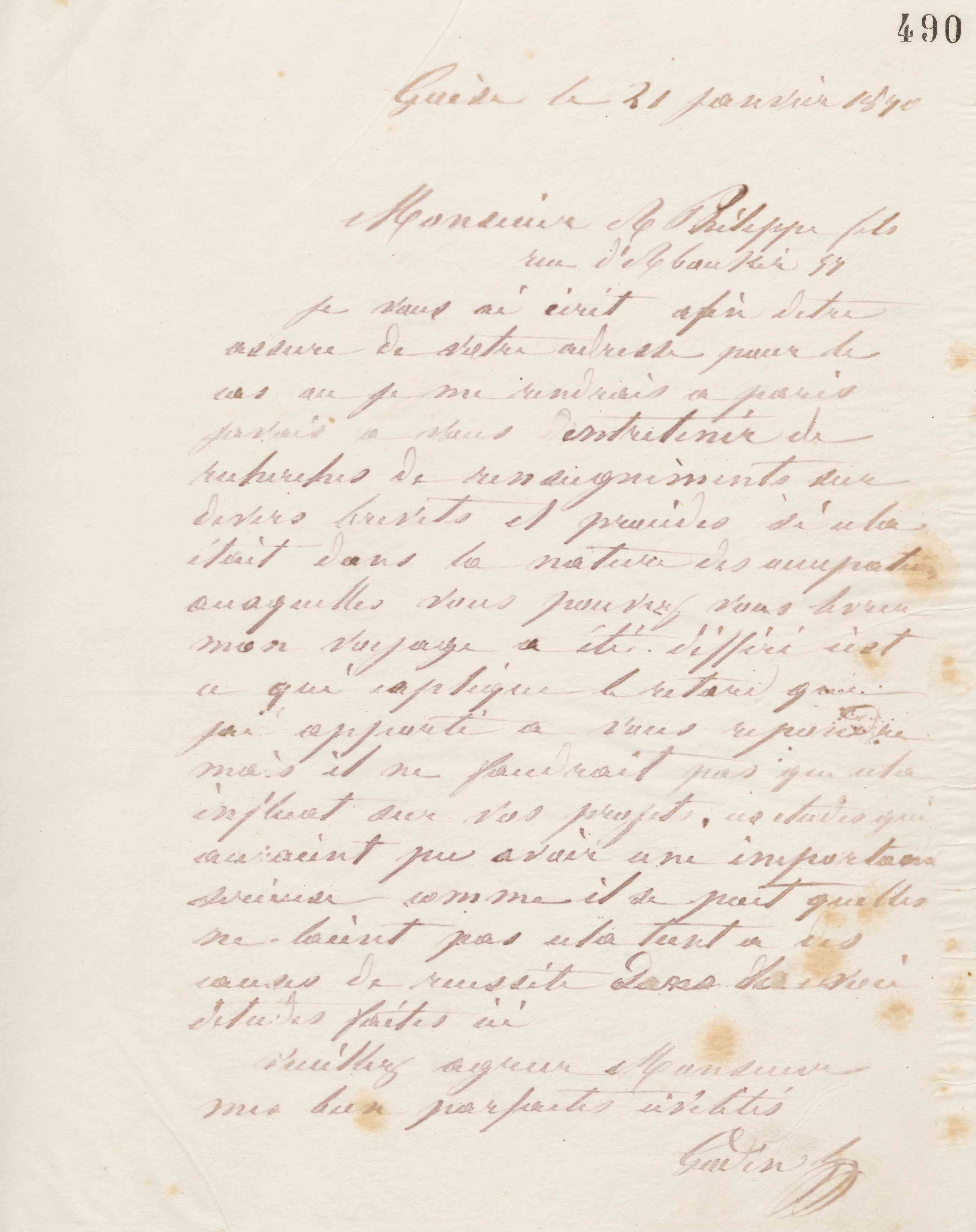 Jean-Baptiste André Godin à monsieur A. Philippe, 21 janvier 1870