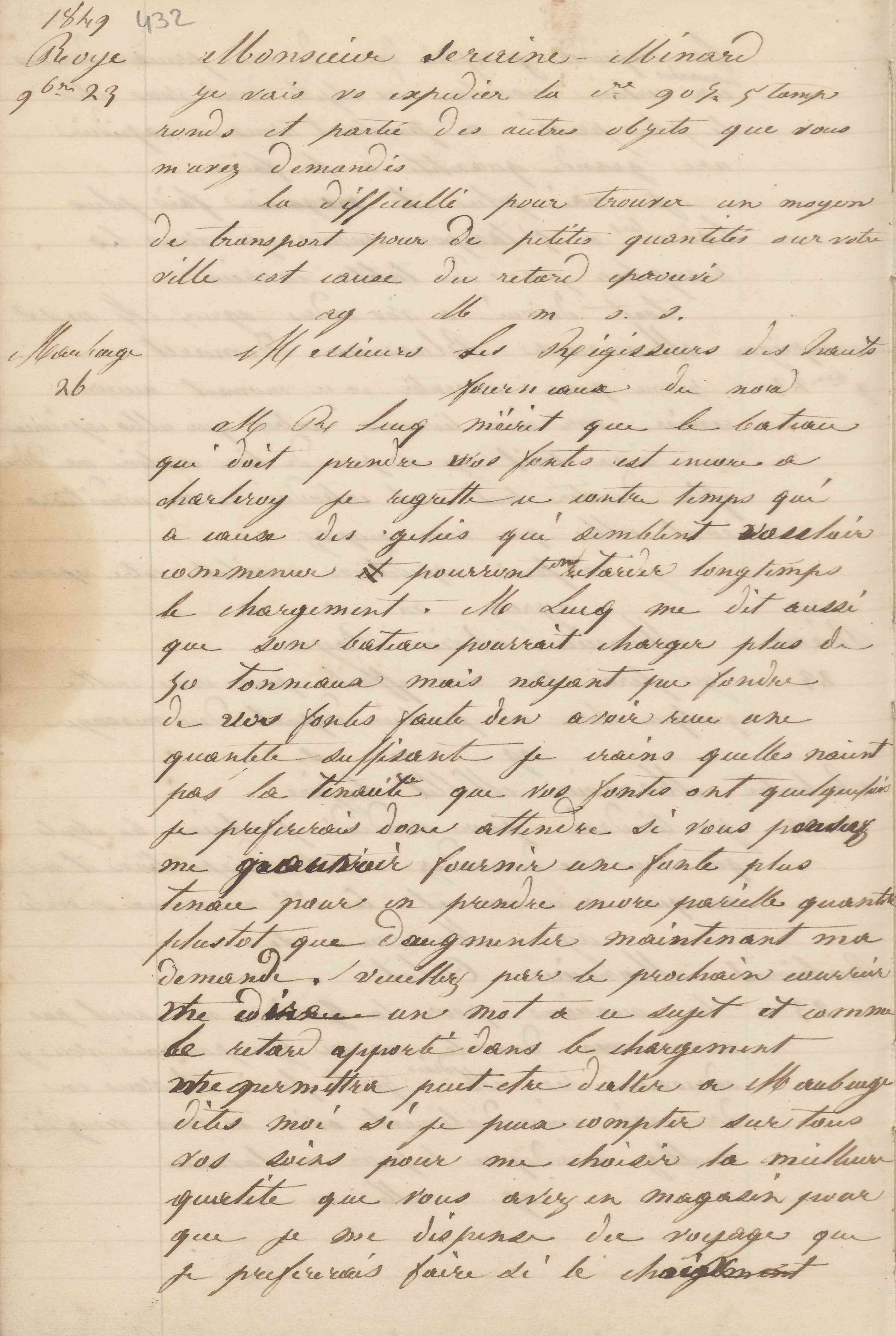 Jean-Baptiste André Godin à monsieur Serains-Ménart, 23 novembre 1849 Jean-Baptiste André Godin à monsieur Serains-Ménart, 23 novembre 1849