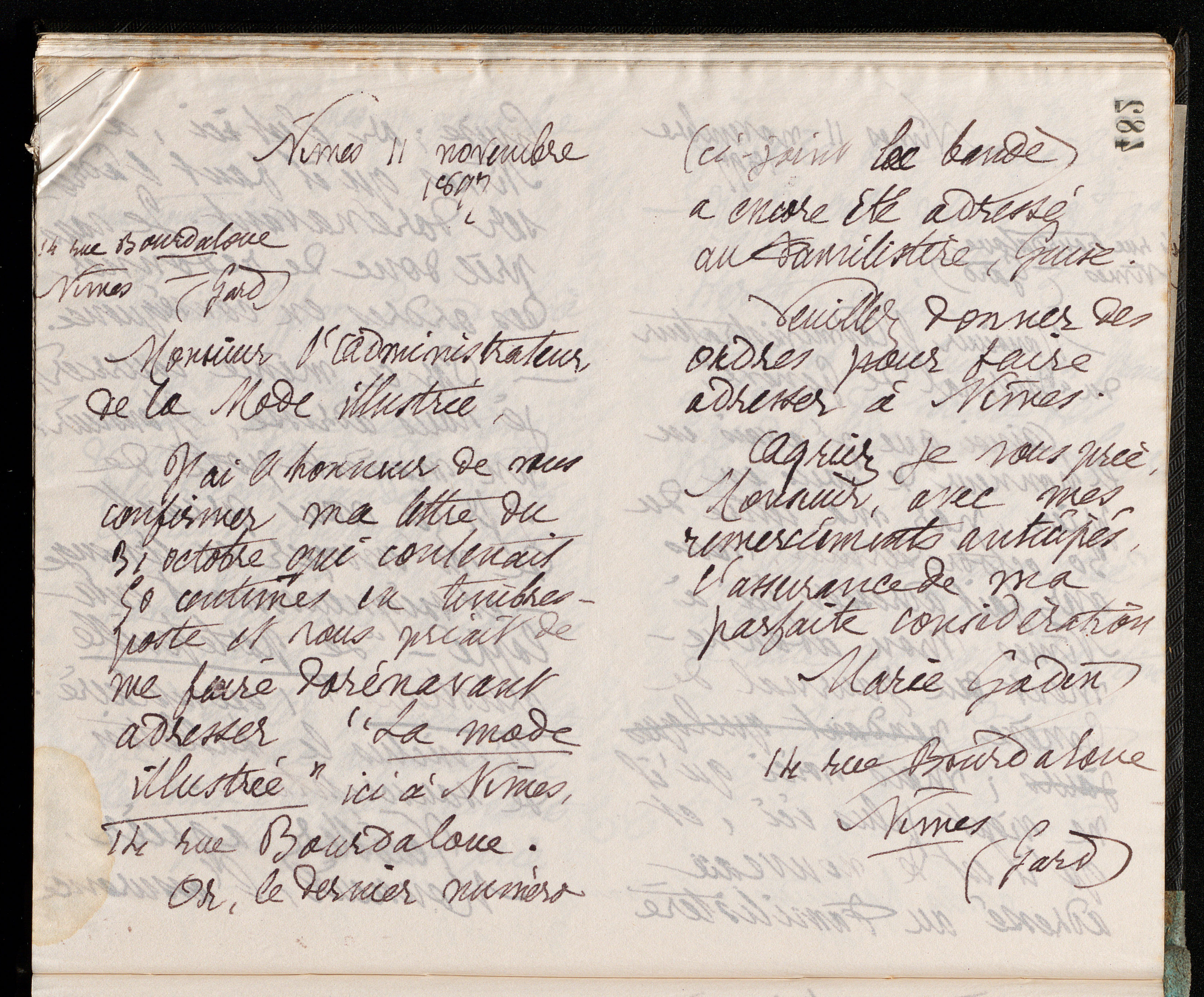 Marie Moret à l'administrateur de La Mode illustrée, 11 novembre 1897
