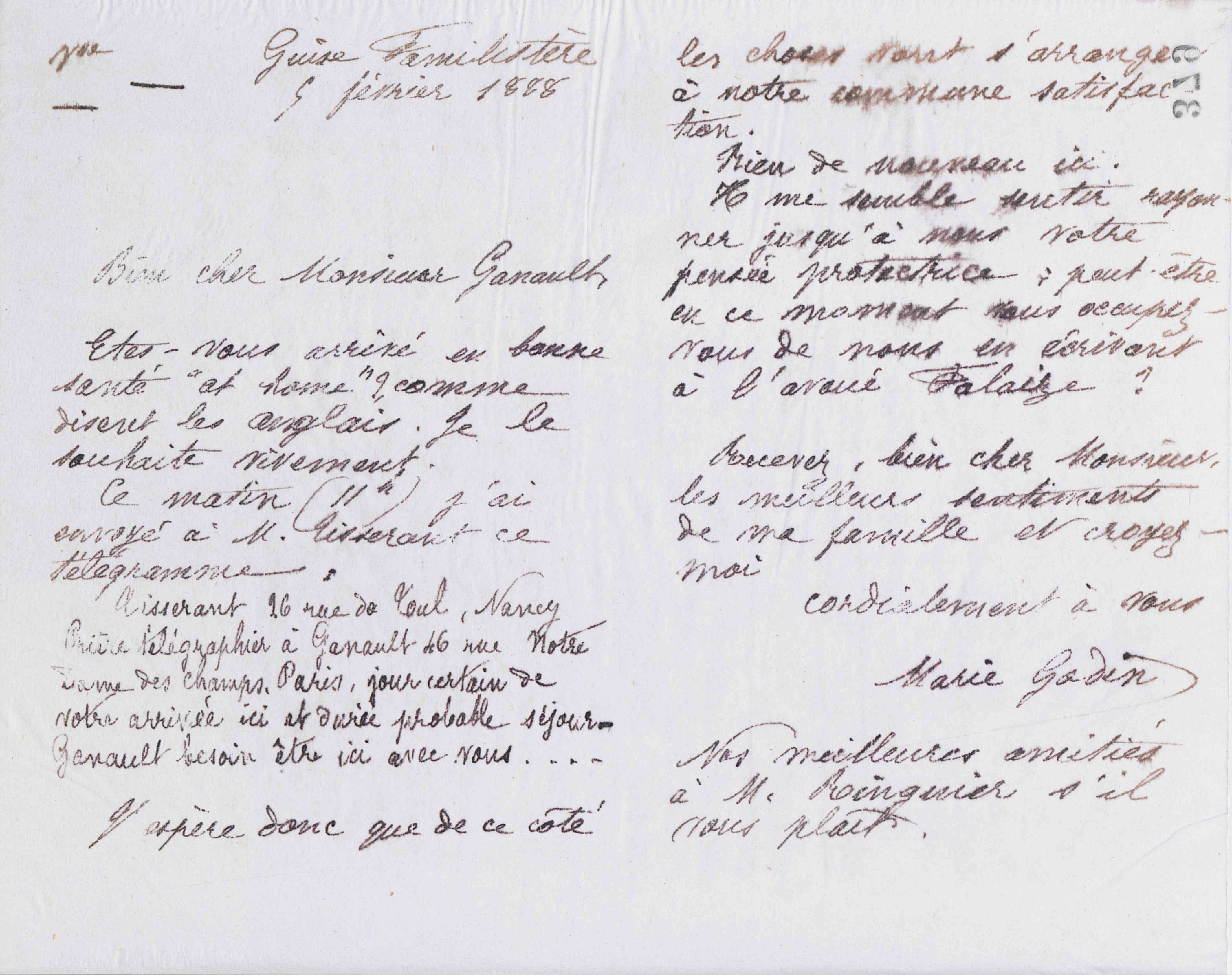 Marie Moret à Gaston Ganault, 5 février 1888