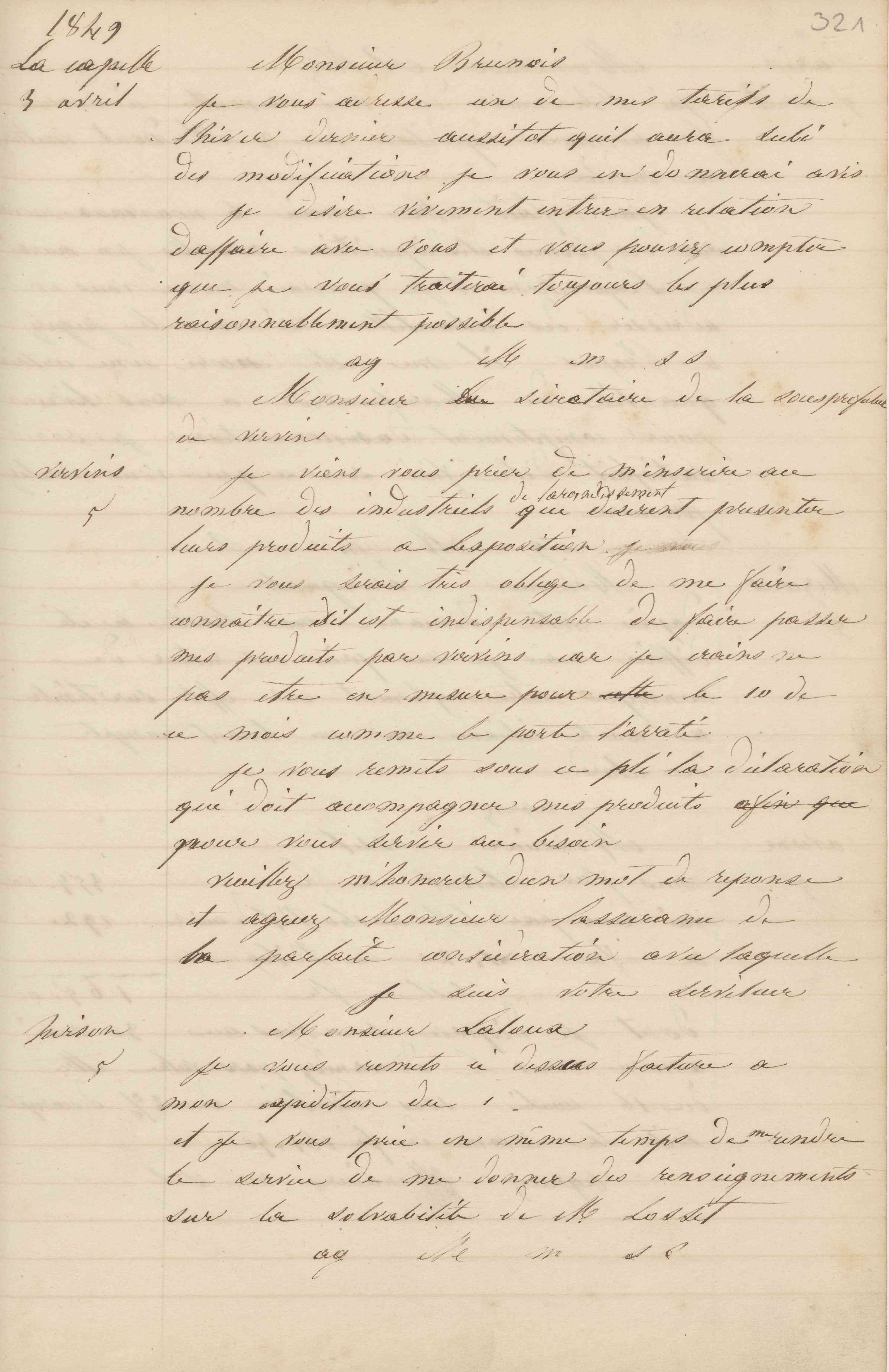 Jean-Baptiste André Godin à monsieur Laloux-Vandelet, 5 avril 1849
