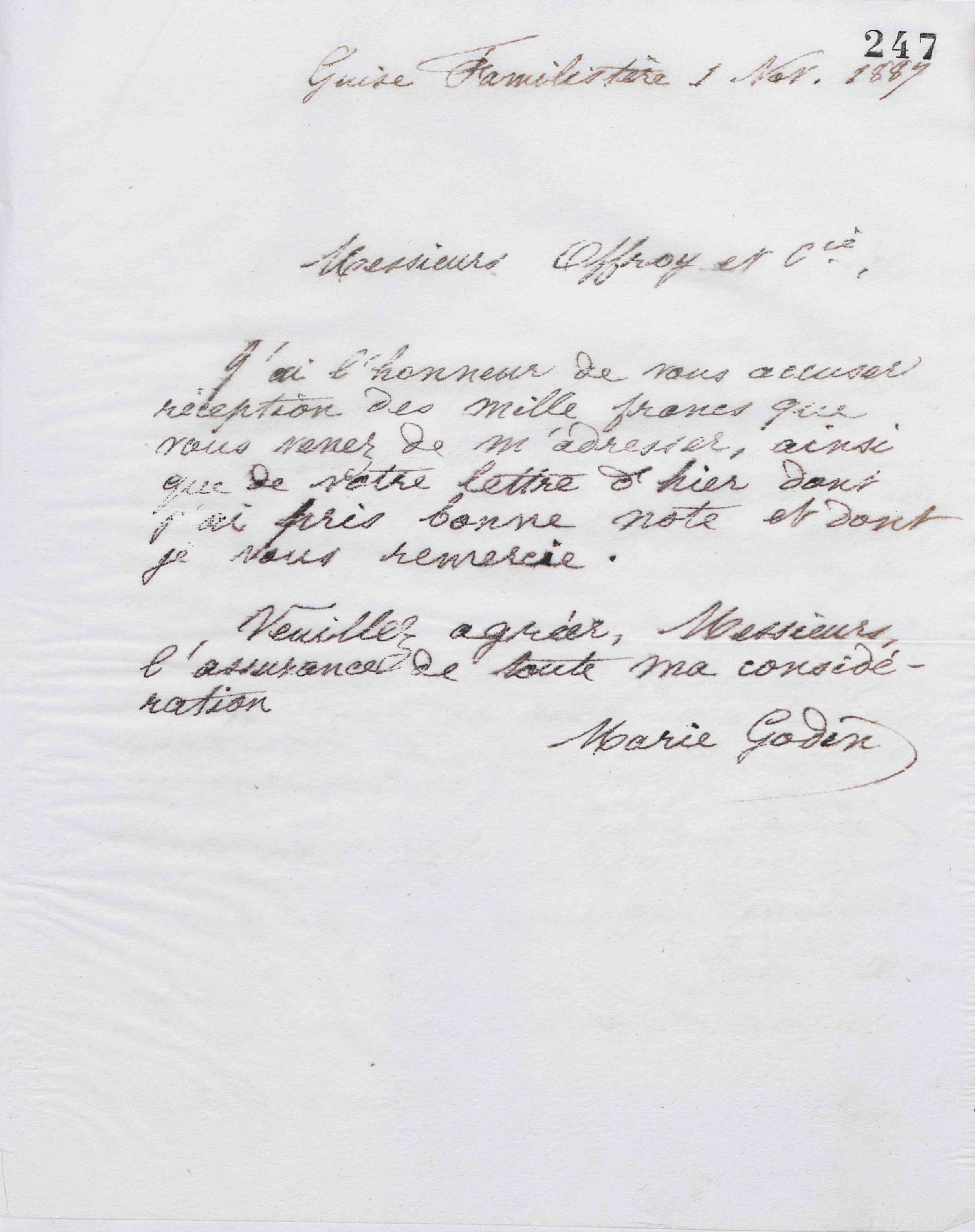 Marie Moret à Offroy et Cie, 1er novembre 1887