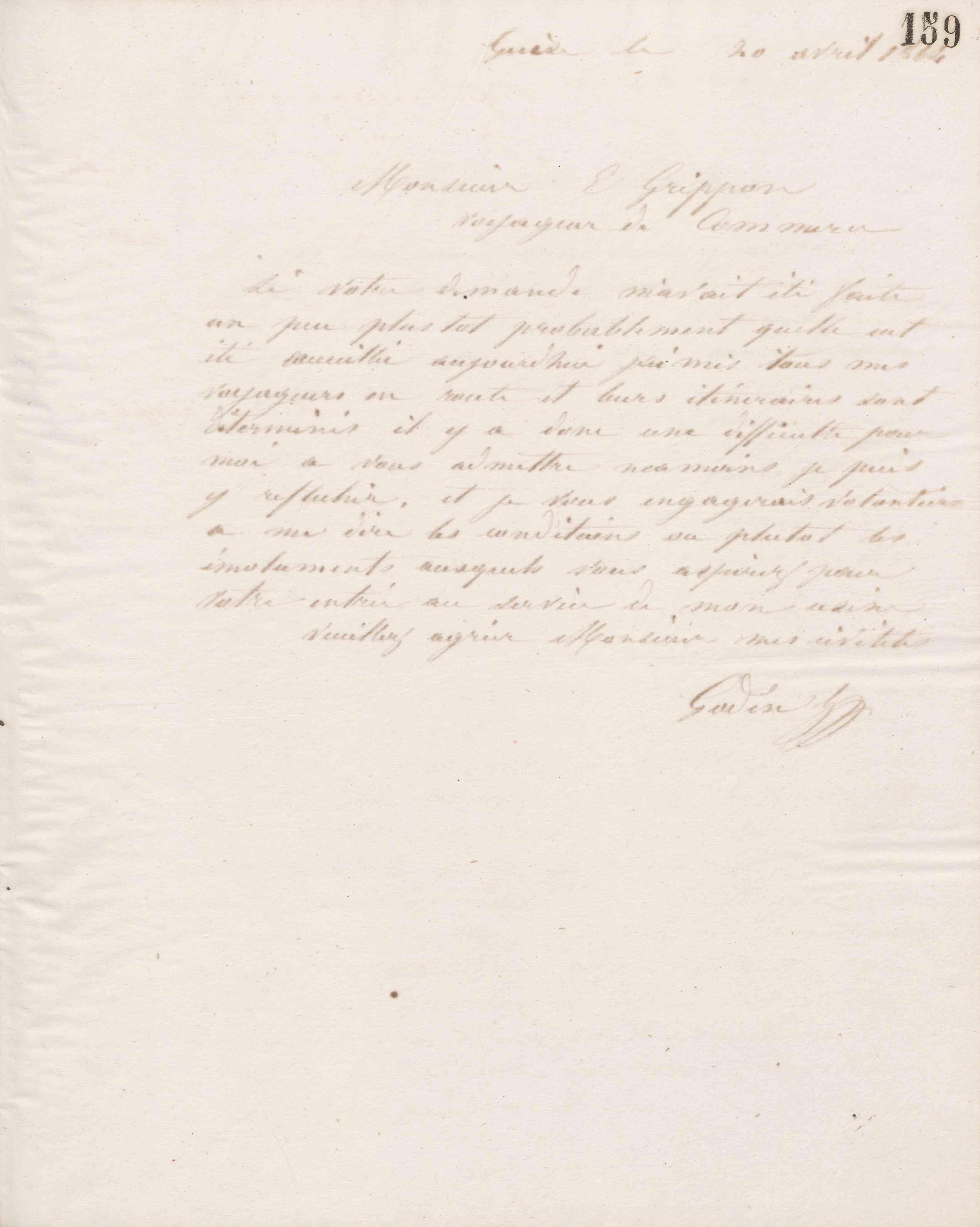 Jean-Baptiste André Godin à Émile Gripon, 20 avril 1864