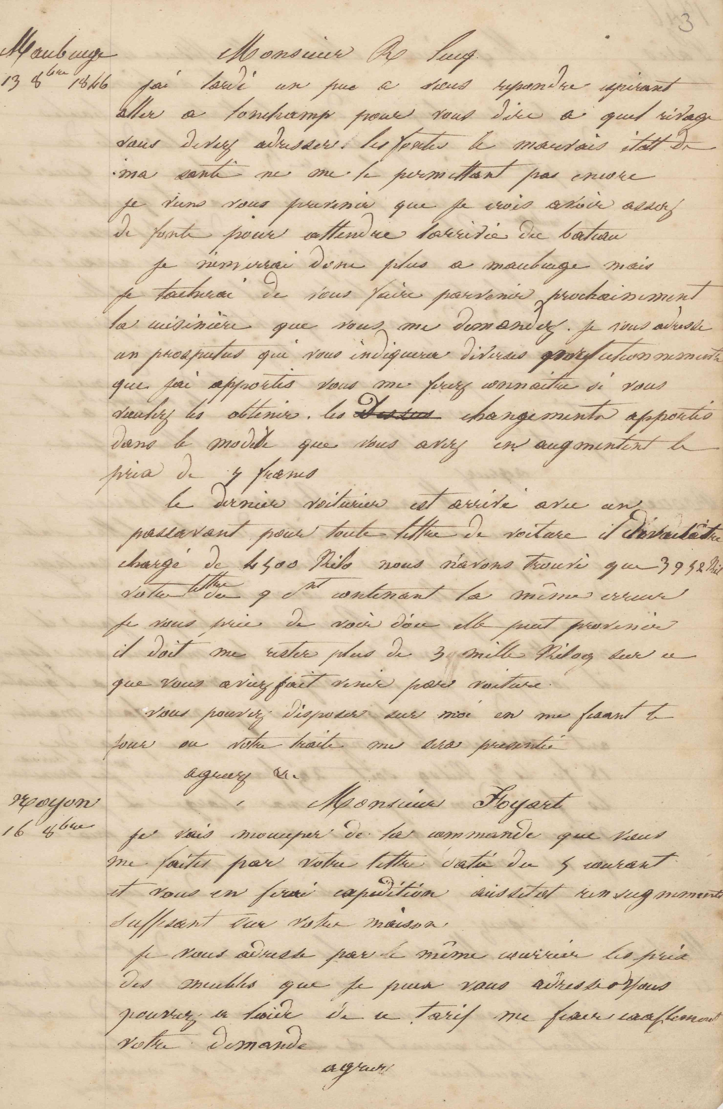Jean-Baptiste André Godin à monsieur Foyart, 16 octobre 1846