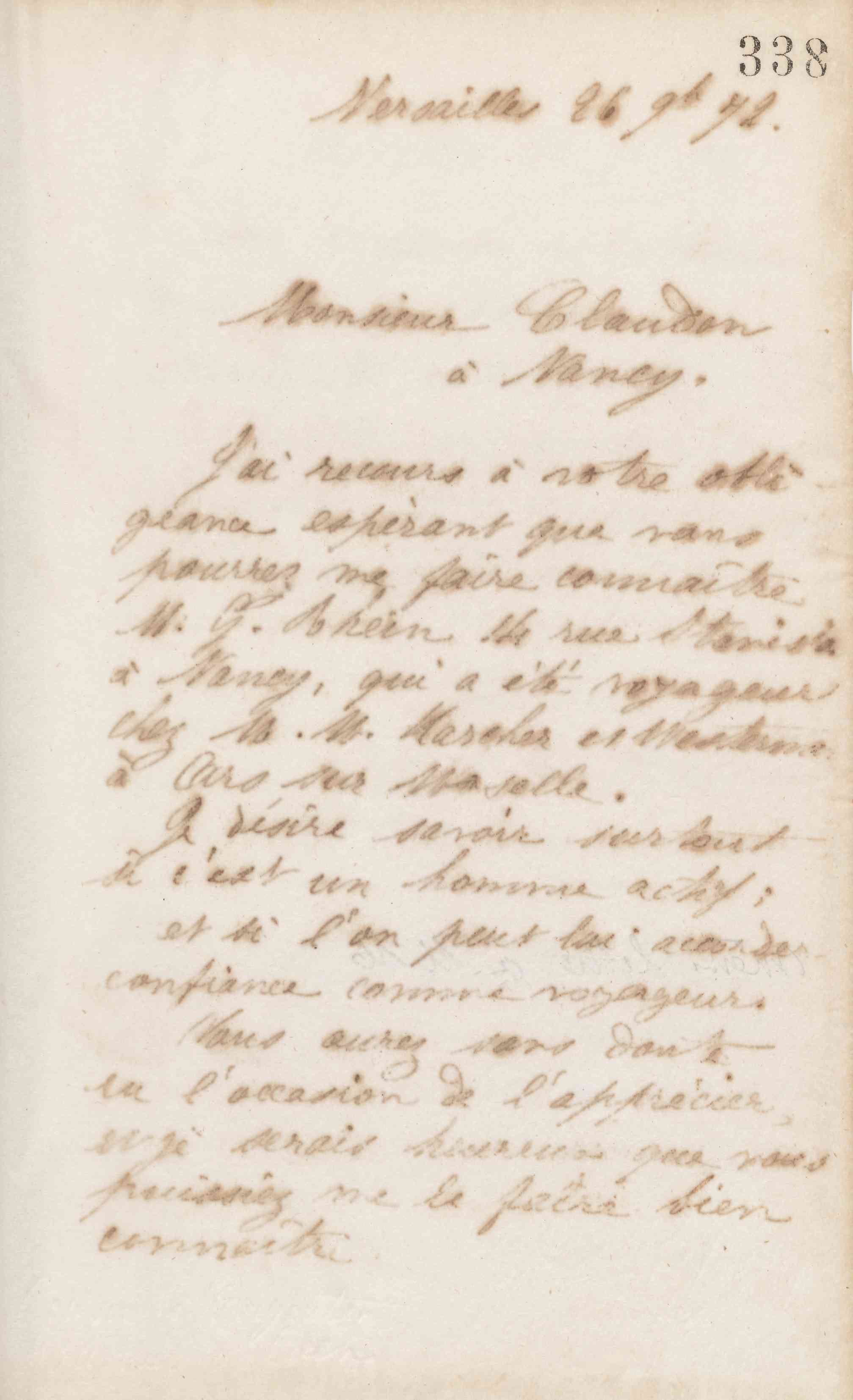 Jean-Baptiste André Godin à monsieur Claudon, 26 novembre 1872