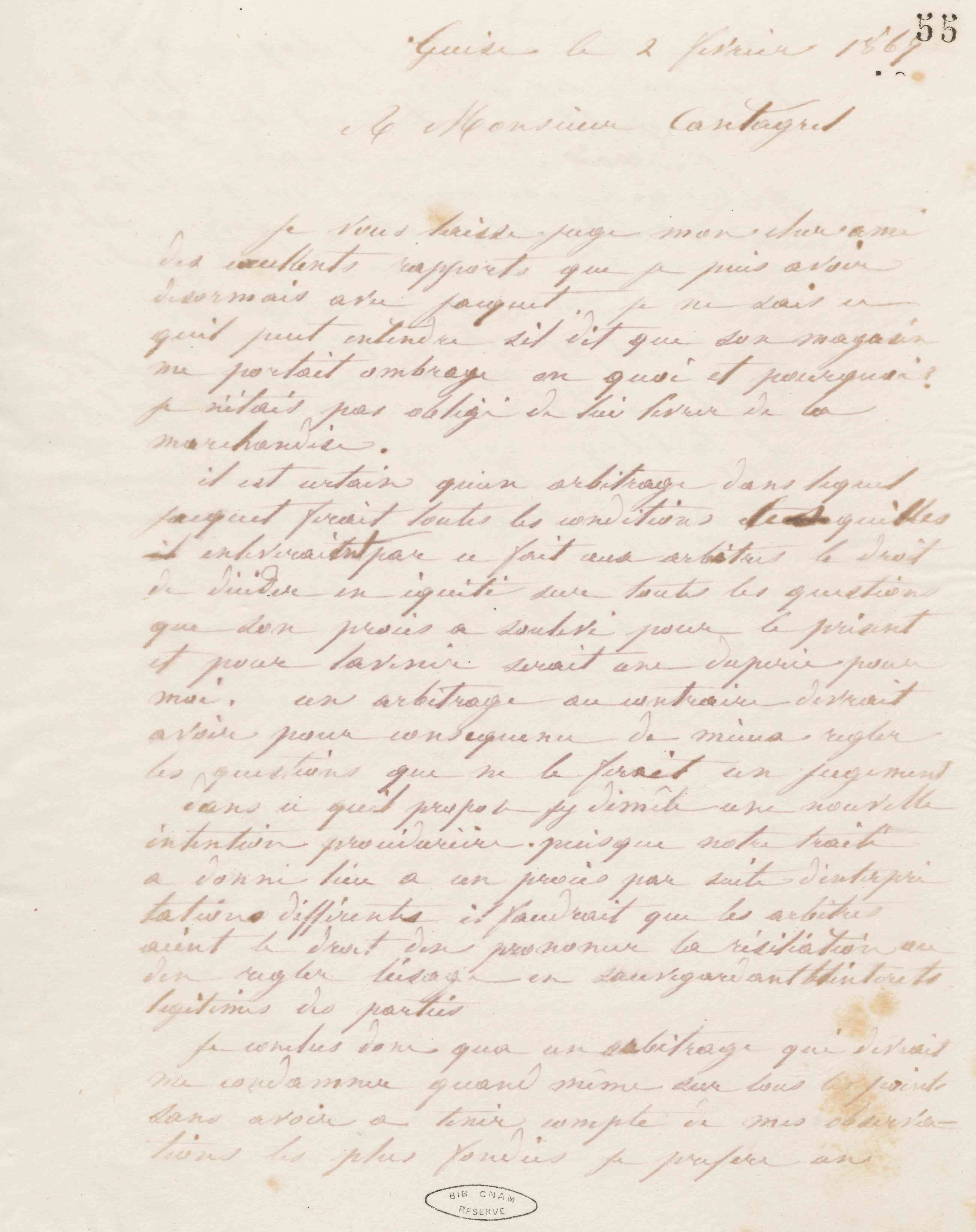 Jean-Baptiste André Godin à François Cantagrel, 2 février 1867