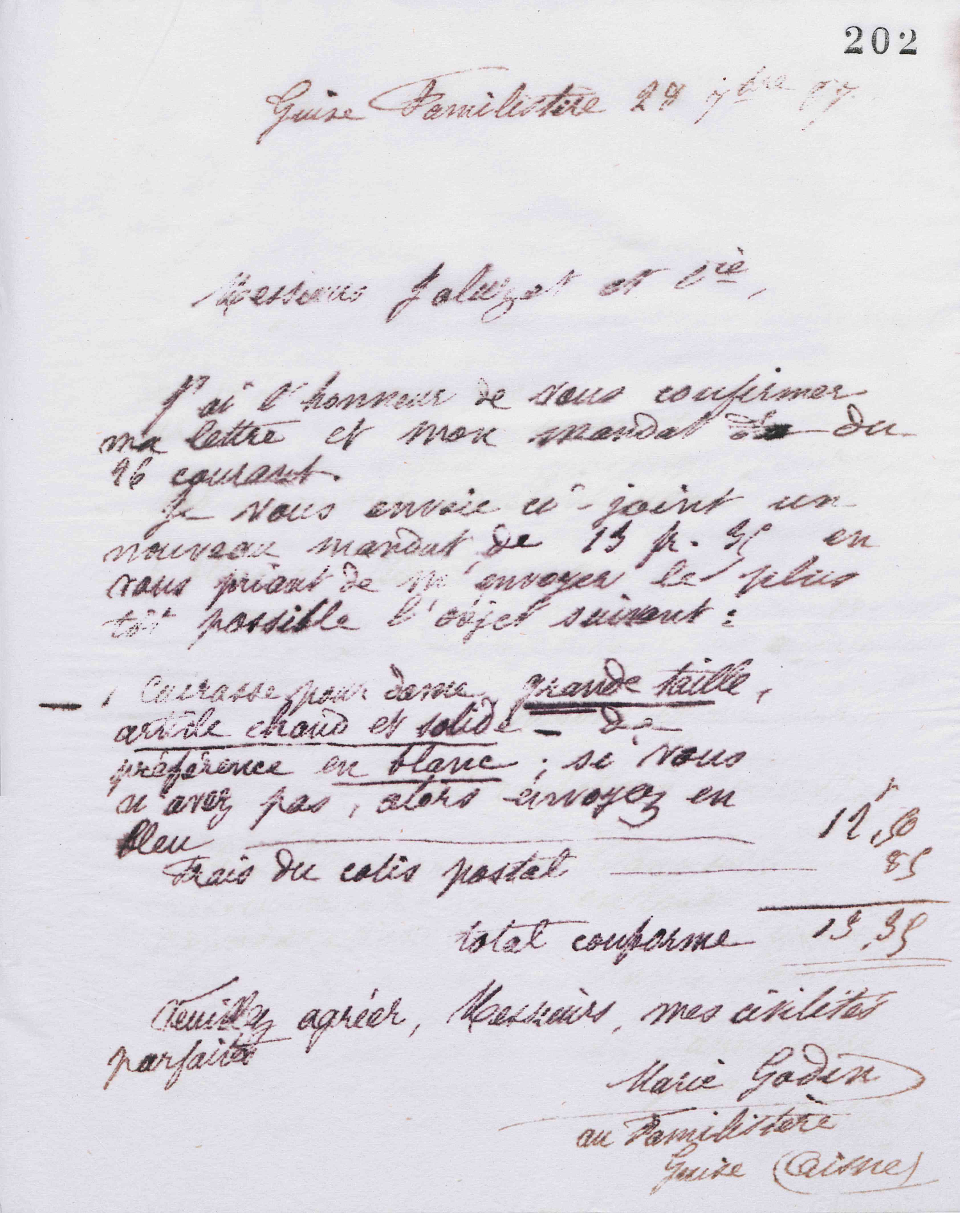 Marie Moret à Jaluzot et Cie, 28 septembre 1887