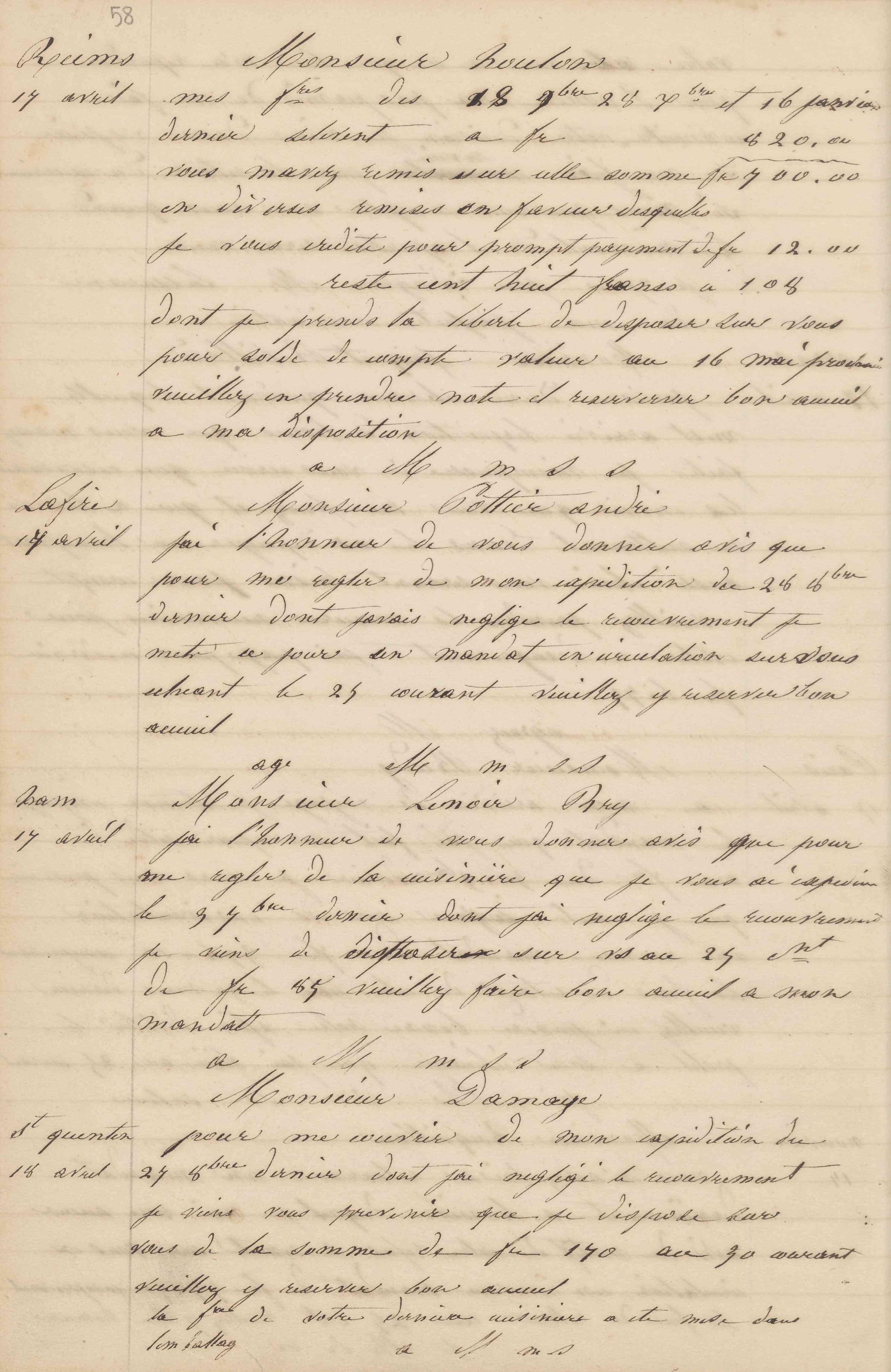 Jean-Baptiste André Godin à monsieur Damaye, 18 avril 1847 Jean-Baptiste André Godin à monsieur Damaye, 18 avril 1847