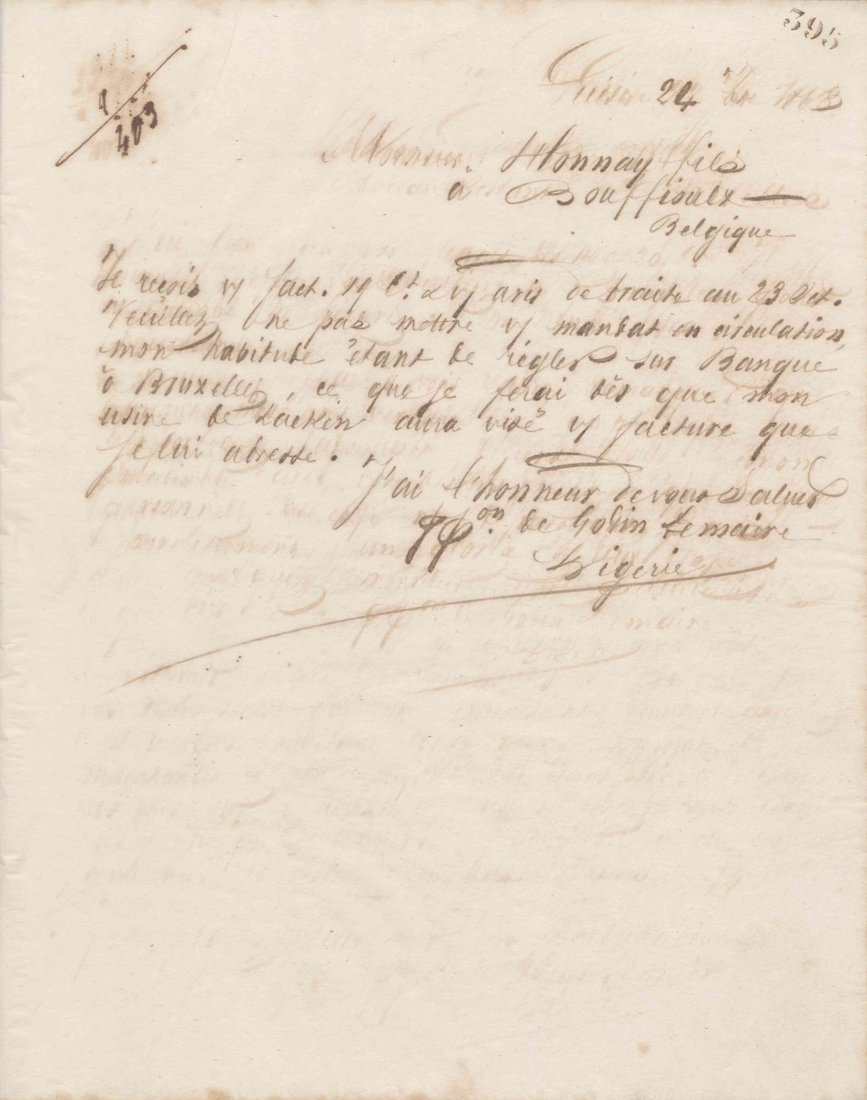 Jean-Baptiste André Godin à Honnay fils, 24 septembre 1863 Jean-Baptiste André Godin à Honnay fils, 24 septembre 1863