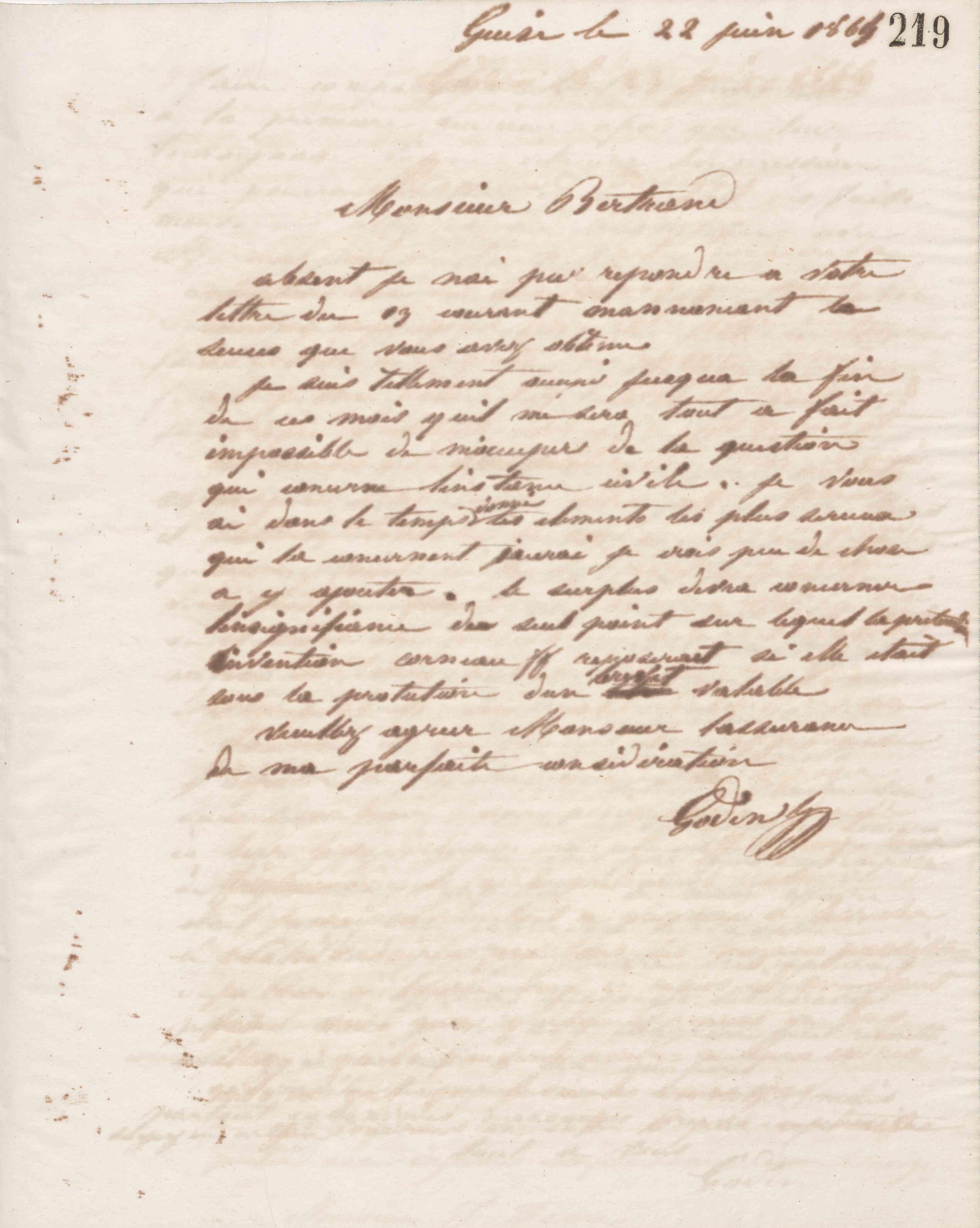 Jean-Baptiste André Godin à monsieur Bertrand, 22 juin 1864